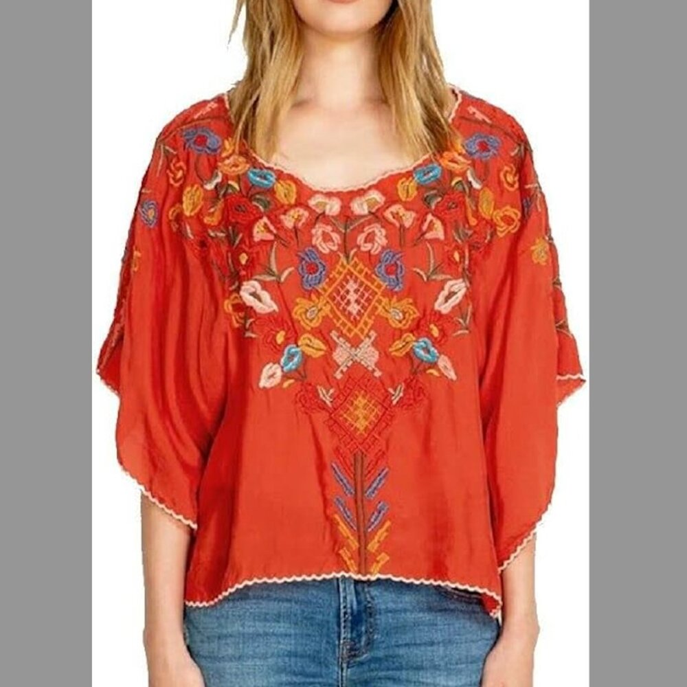 Johnny Was Red Embroidered Blouse